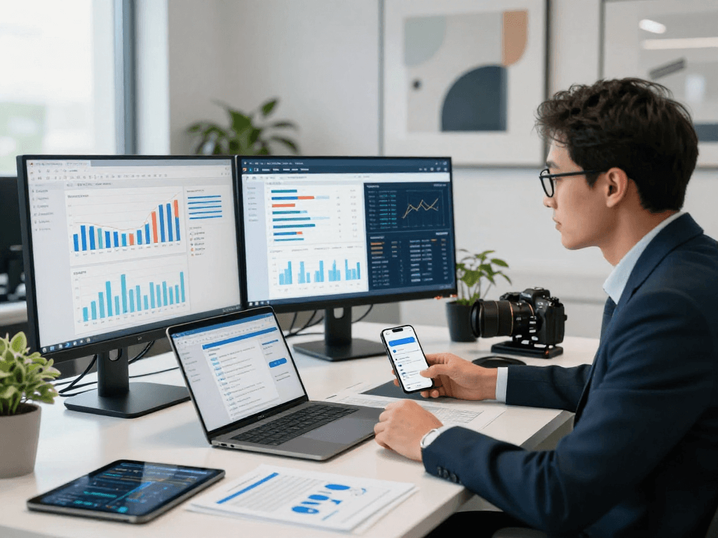 Professional evaluating banking data and applications in a modern financial technology workspace, showcasing debet solutions.