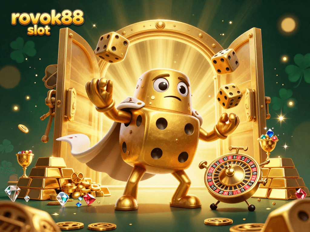 Spin and win with rokok88 slot, featuring golden dice, sparkling gems, and thrilling casino elements.