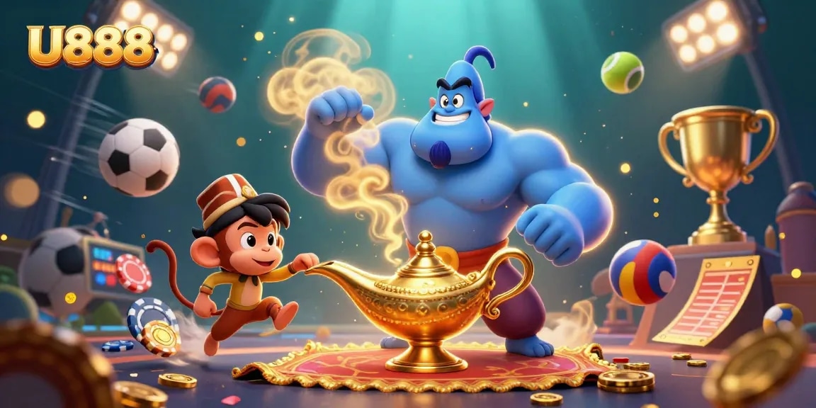 Engage with U888's magical casino adventure showcasing a genie, monkey, and a flying carpet amidst sports elements.