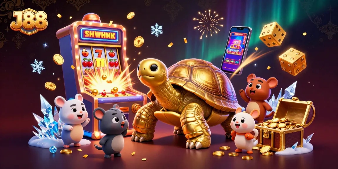 Engage with J88's exciting 3D casino illustration featuring a golden tortoise pinball machine and glorious jackpots.
