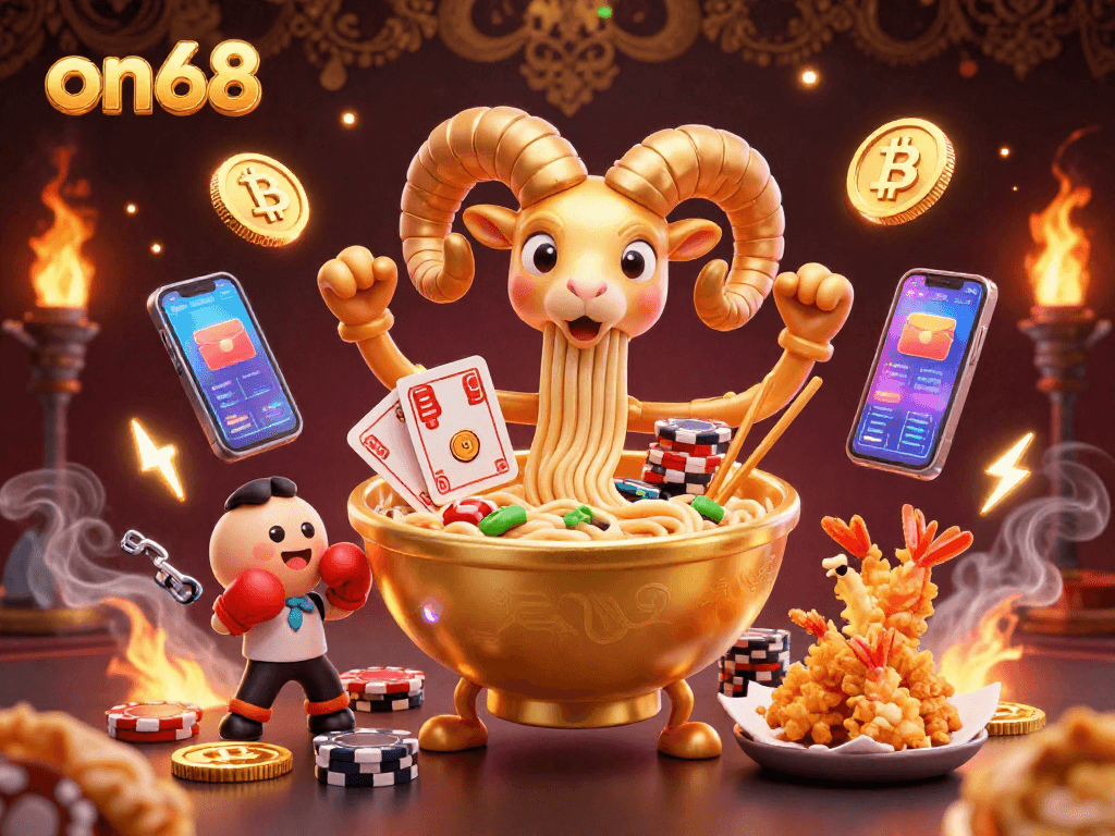 Experience action and winning thrills with on68 at this animated casino scene featuring playful characters.