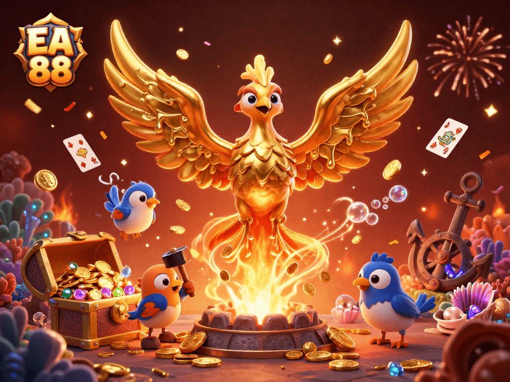 Engage in EA 88's thrilling gaming experience with a stunning molten golden phoenix in action