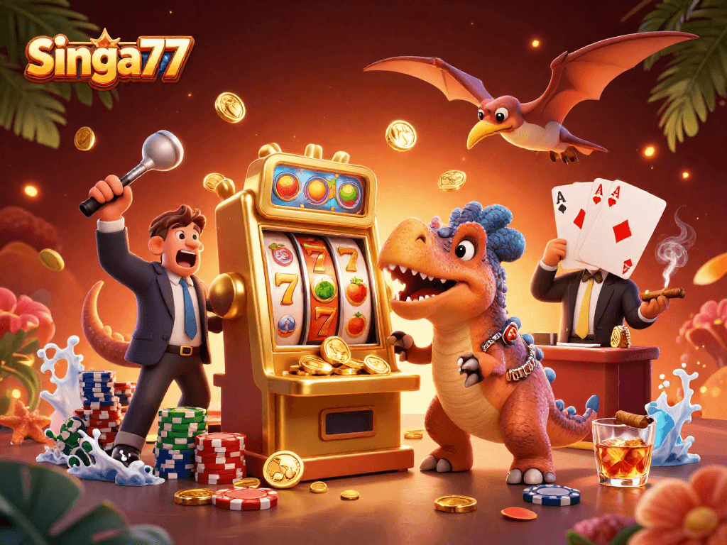 Singa77 showcases a playful 3D scene with dinosaurs headbutting a slot machine and catching gold coins.
