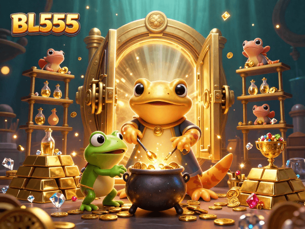 Experience thrilling adventures with BL555 in a vibrant 3D casino scene filled with golden treasures.