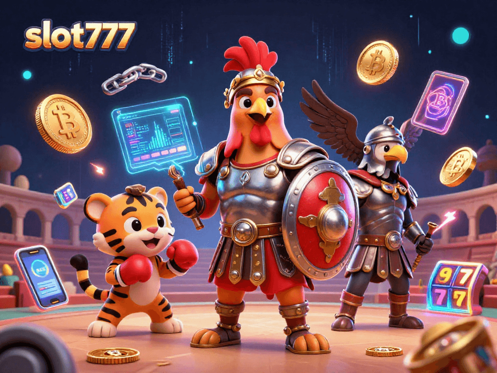 Spin the reels with slot777 in a vibrant 3D casino scene featuring gladiators and crypto elements.