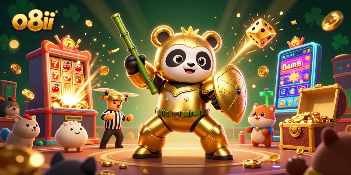 Experience winning spins with o8ii as the golden panda battles in a vibrant casino arena.