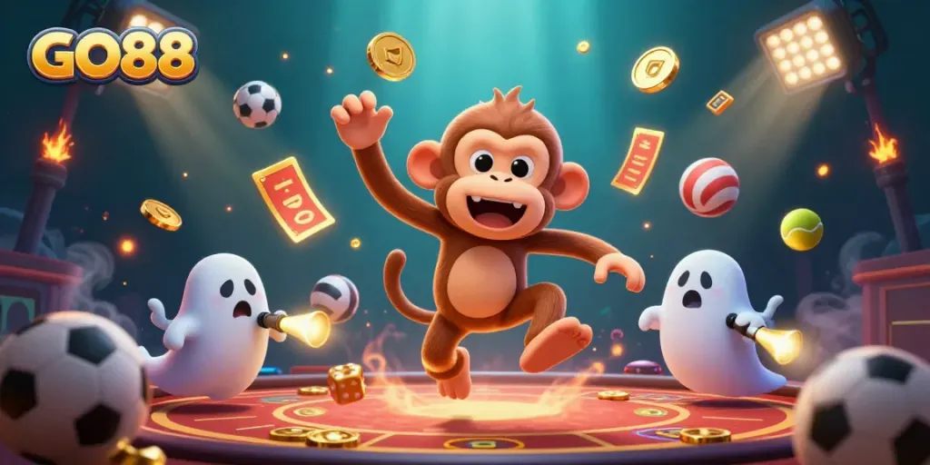 Join GO88 for a thrilling casino adventure with energetic characters and sparkling gold elements