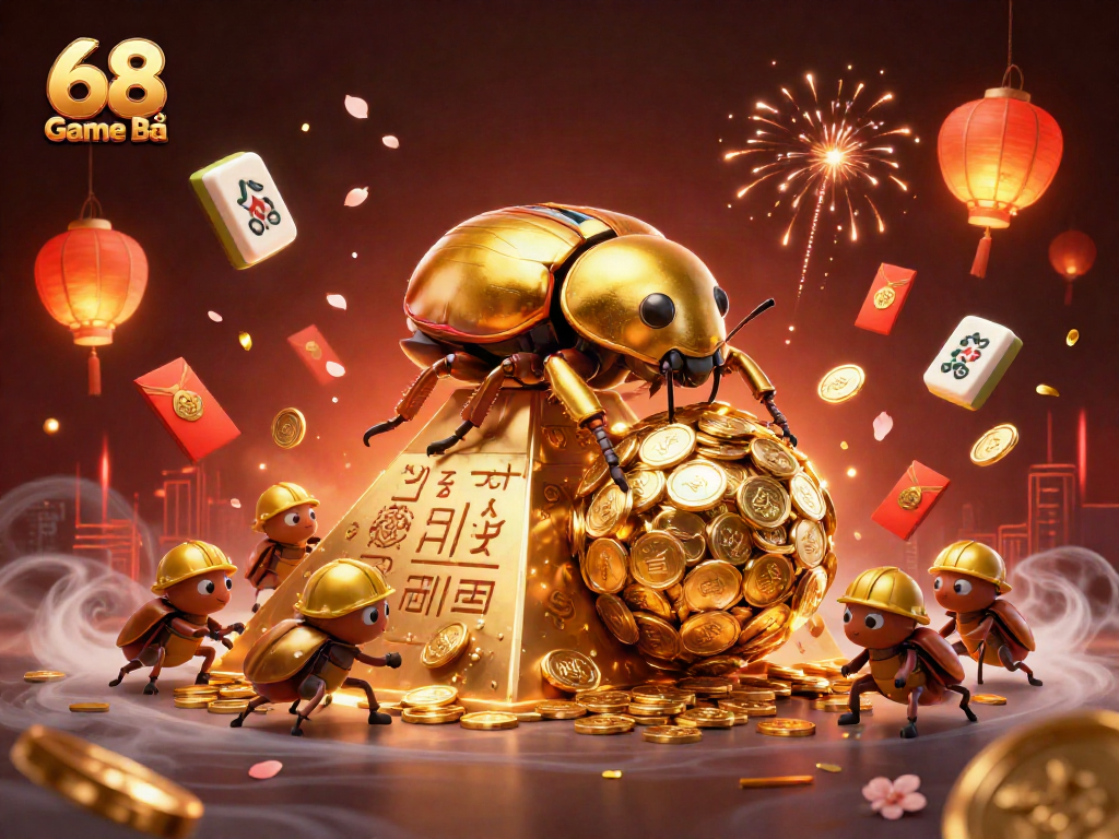 Experience the thrill of 68 Game Bài with golden beetles and casino symbols in this vibrant digital scene.
