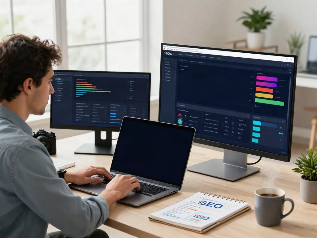SEO expert analyzing instant indexing metrics in a bright workspace.
