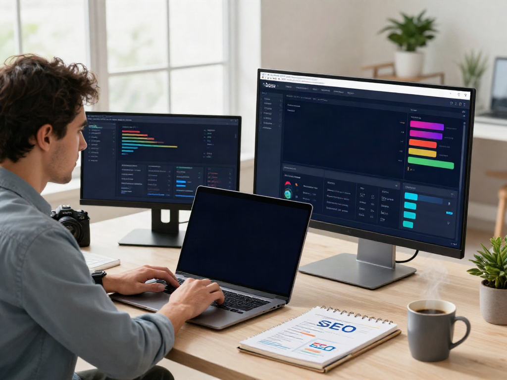 SEO expert analyzing instant indexing metrics in a bright workspace.