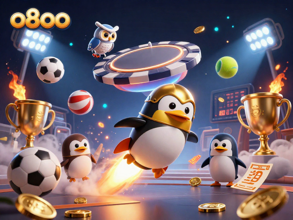 Experience the excitement of o8oo in this dynamic casino-themed illustration featuring a golden penguin and vibrant sports elements.