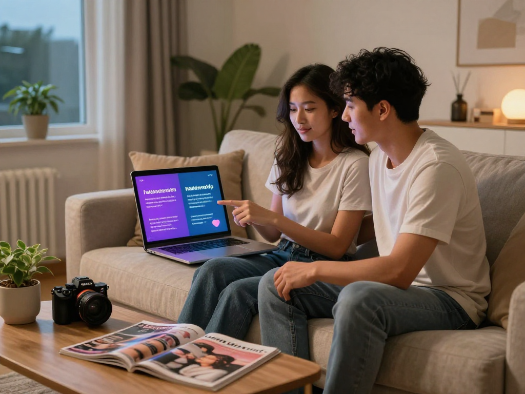 Couple exploring sex AI on a smart device in a cozy living room.