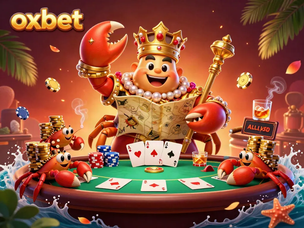 Experience the excitement of oxbet with a vibrant 3D casino illustration of a golden crab emperor and poker elements.