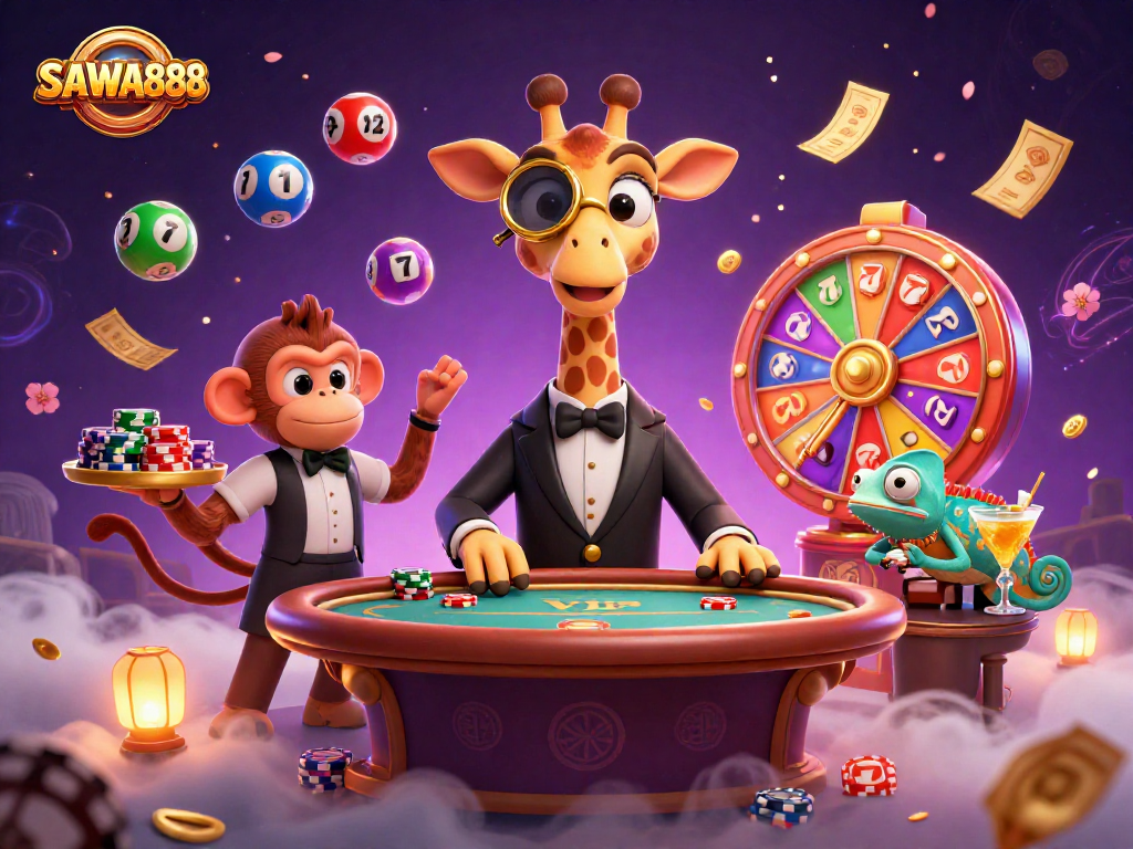 Witness the high-roller giraffe at SAWA888 dazzling at the VIP poker table amidst vibrant slot reels.