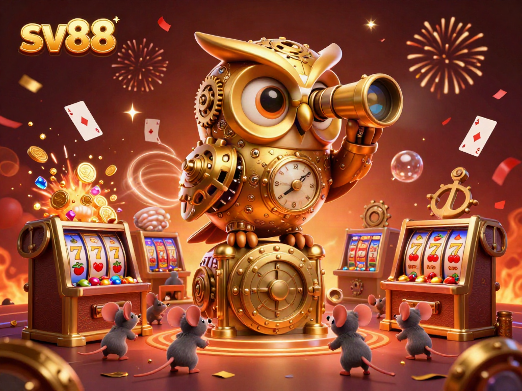 Spin reels and win treasures at sv88, featuring a giant golden owl observing a vibrant casino scene filled with playful mice and shimmering gems.
