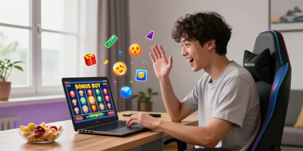 Exciting Bonus Buy slots gaming scene at https://stargazyinn.co.uk with vibrant slot icons and a cozy setup.