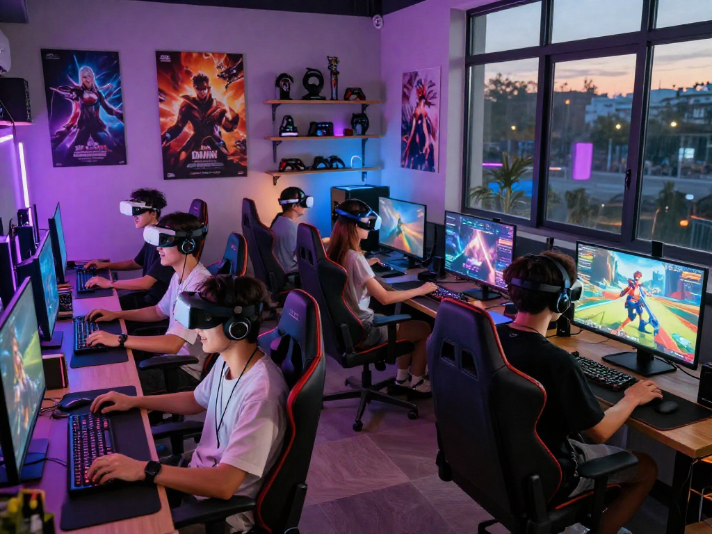 Engaging group of gamers playing hentai games in a vibrant gaming lounge with dynamic lighting and modern setups.