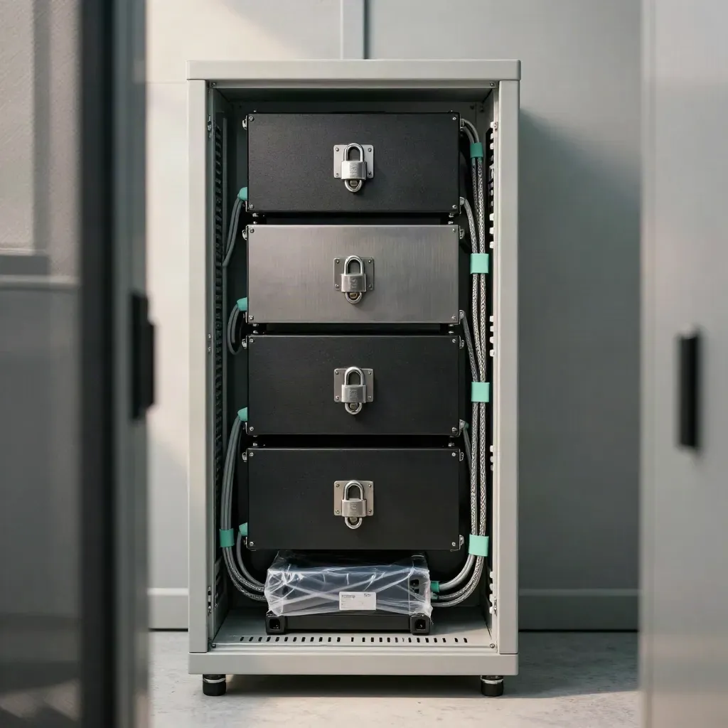 Audit-ready firewall cabinet with padlocks, tagged cabling, and sealed spare drive in a server room