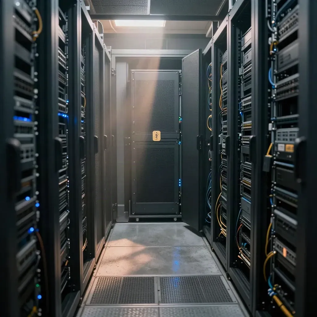 Rainy UK server aisle with firewall, braided looms and sealed incident-response case