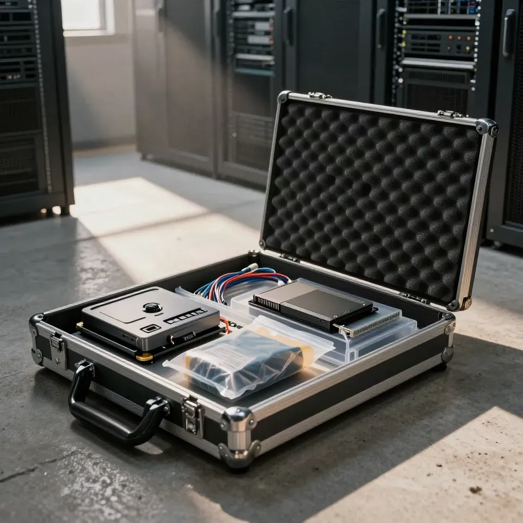 Open forensic recovery case with cloner, SSD, cables and server tray in a dim equipment bay.