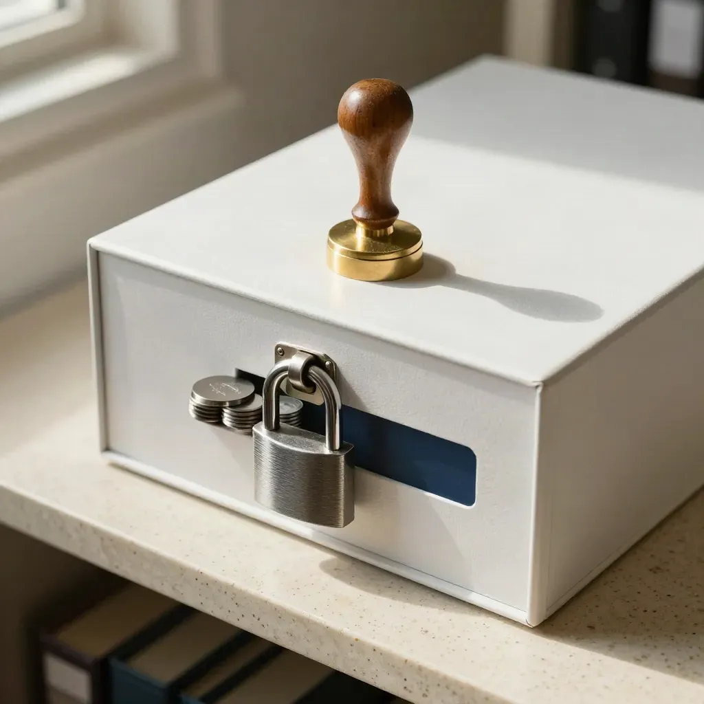 Top-down archive box, brass stamp, padlock and metal tokens in warm compliance support still life.