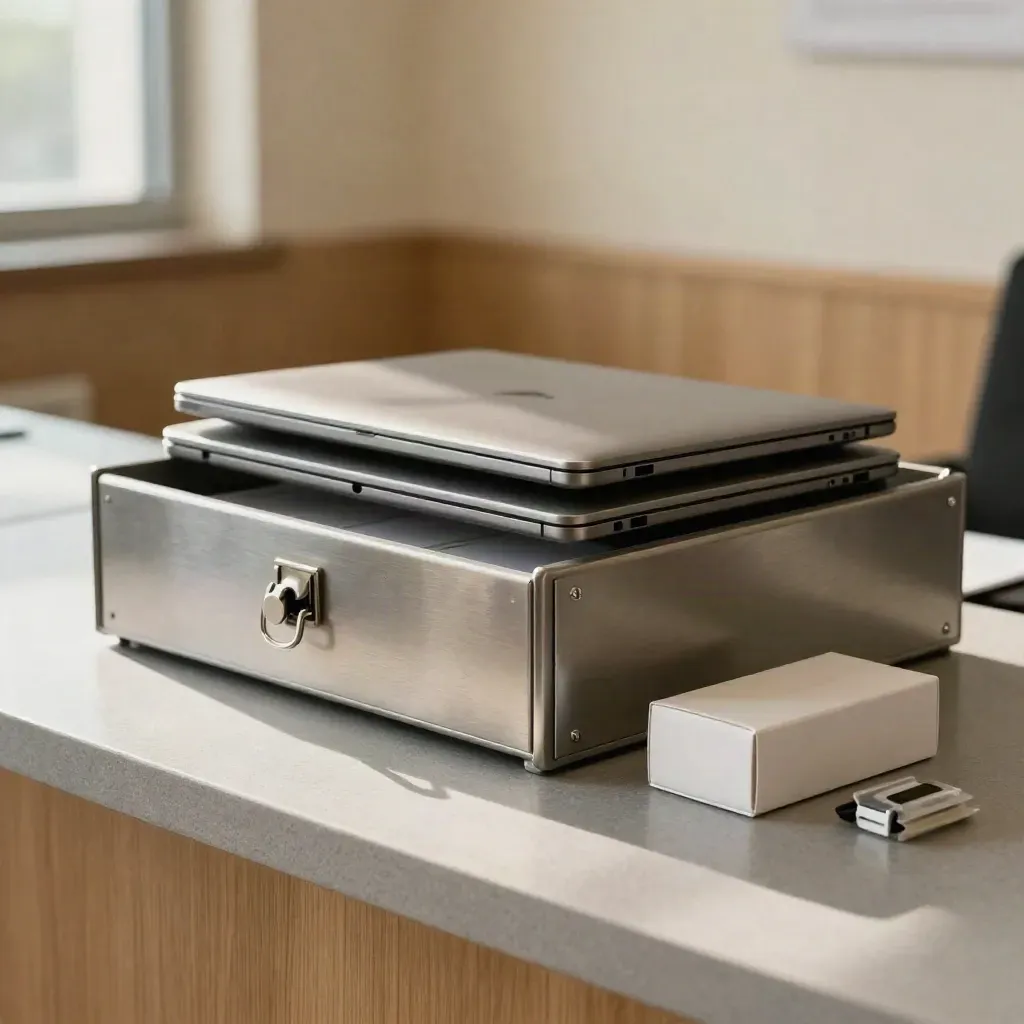 Locked inbox tray, closed laptops and quarantined USB box on a cozy legal-office counter.