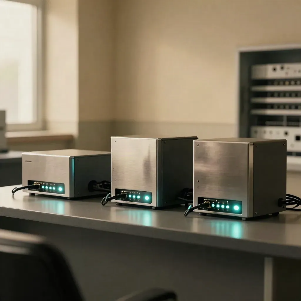 Three security gateway boxes glow beside a monitoring hub in a retail night operations nook.