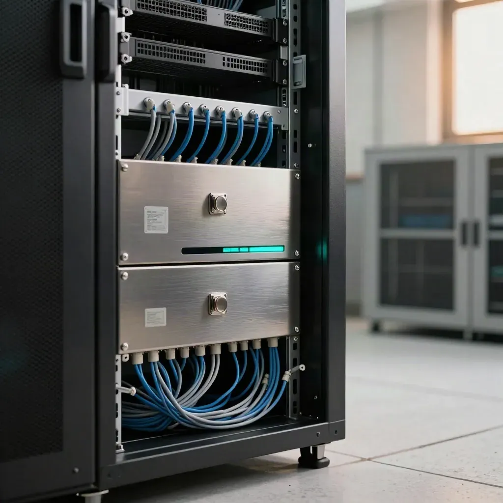 Secure server rack with rerouted cables, sealed tokens and teal status light in a modern data room.