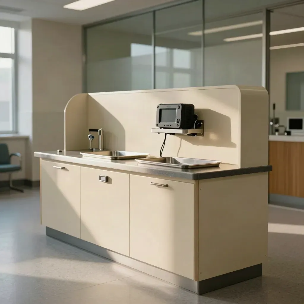 Secure clinic intake counter with locked device dock, steel shelf and frosted glass in soft haze