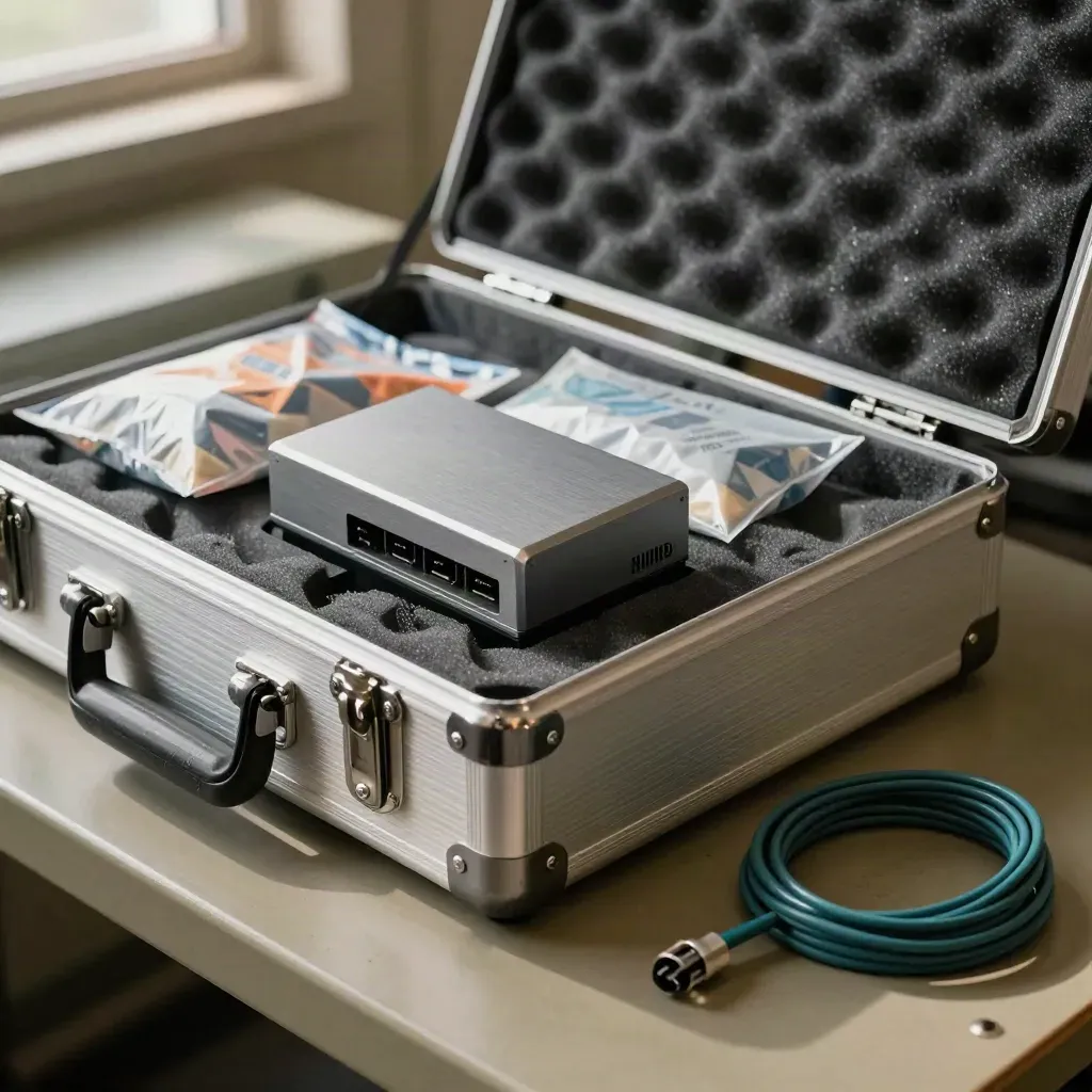 Open forensic recovery case with drive sleds, write-blocker, evidence bags and teal cabling.