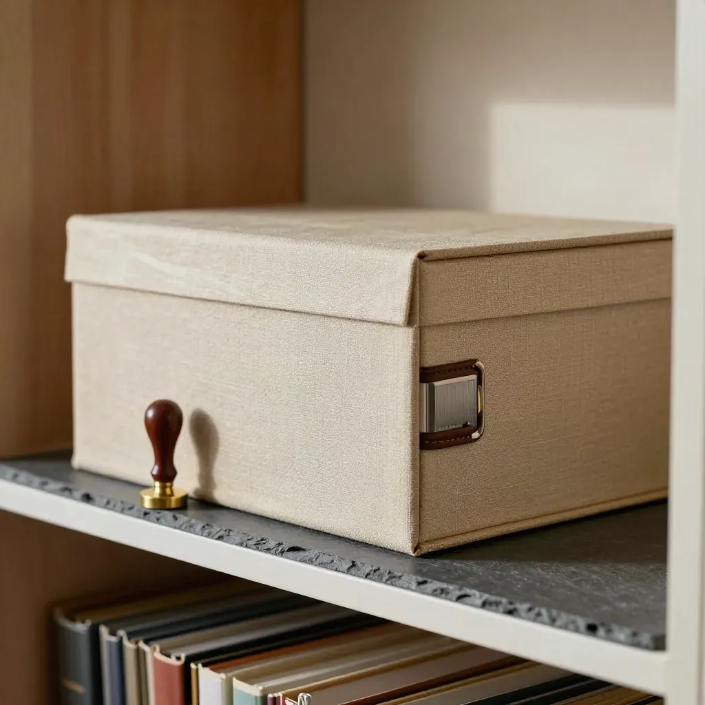 Brass stamp, archive box, padlock and binder on a slate shelf