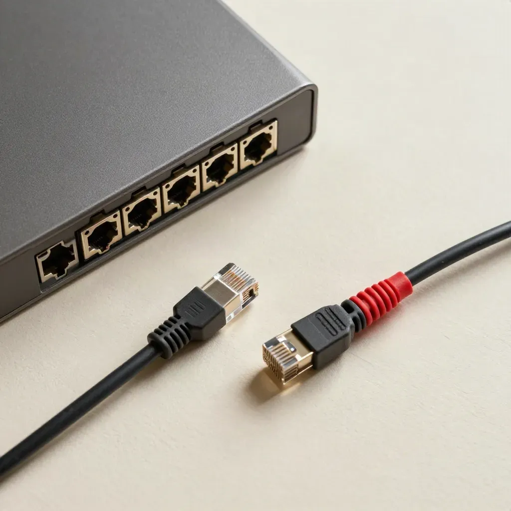 Overhead still-life of a firewall appliance with cables and a red tamper tie on pale plaster.