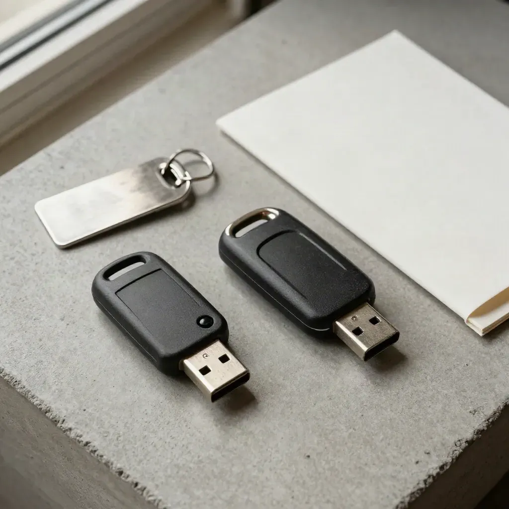Overhead flatlay of three USB keys, evidence tag and drive dock on concrete