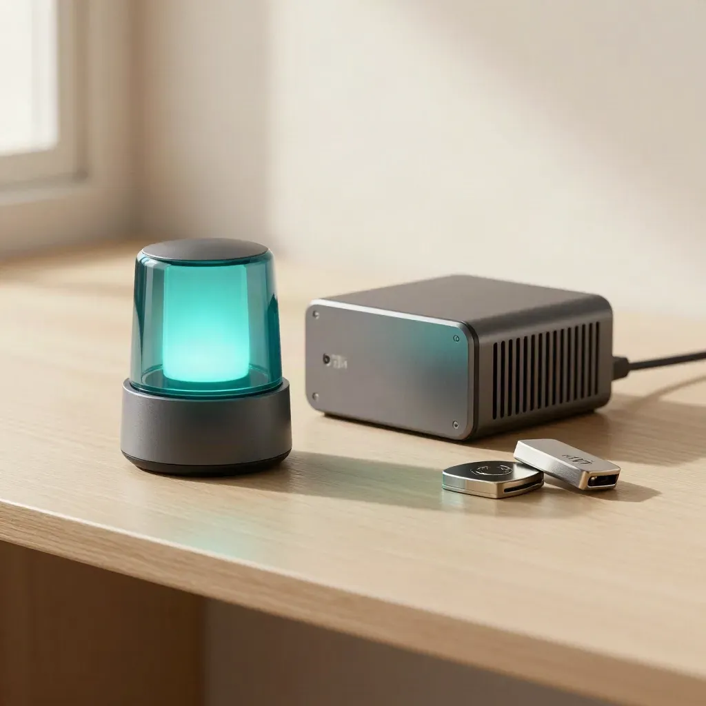Beacon, UPS module, and stacked security tokens on a pale wood shelf.