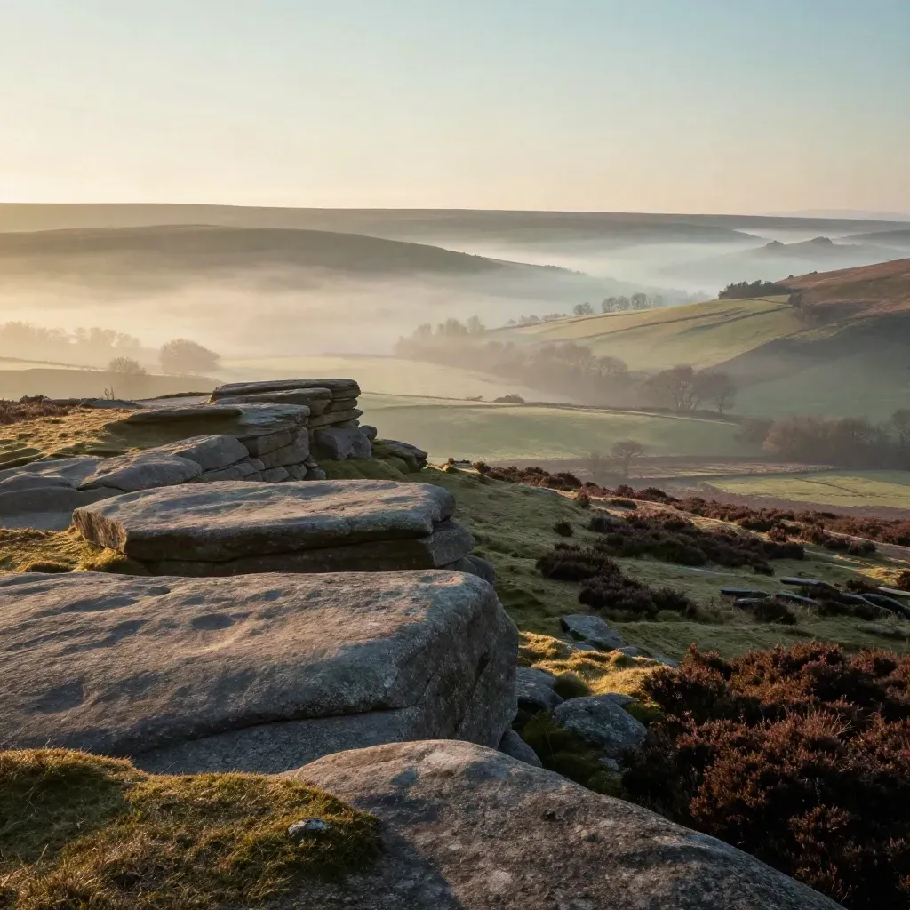 Misty Peak District plateau above a broad valley, calm open foreground for copy.