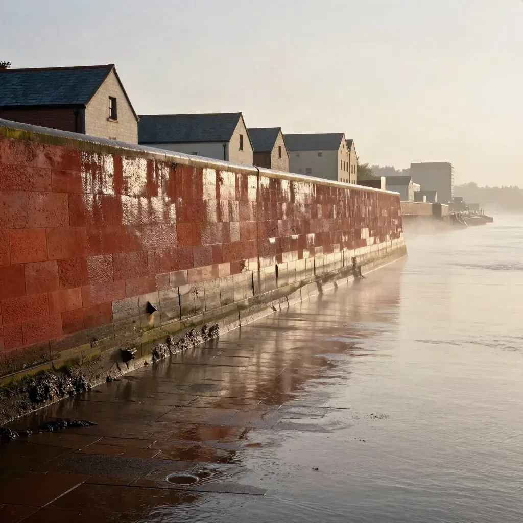 Wet red-sandstone dock wall above a hazy Mersey skyline and calm quay stone.