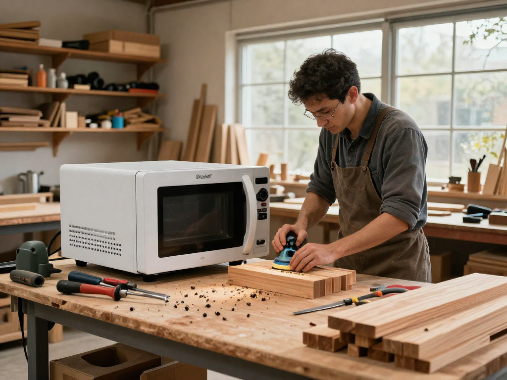Efficiently using Shashel technology for pest control in a skilled woodshop, showcasing tools and vibrant wood materials.