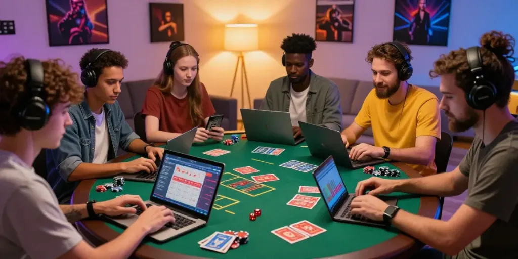SIN88 online gaming experience highlighting players engaging on devices at home, showcasing vibrant casino elements.