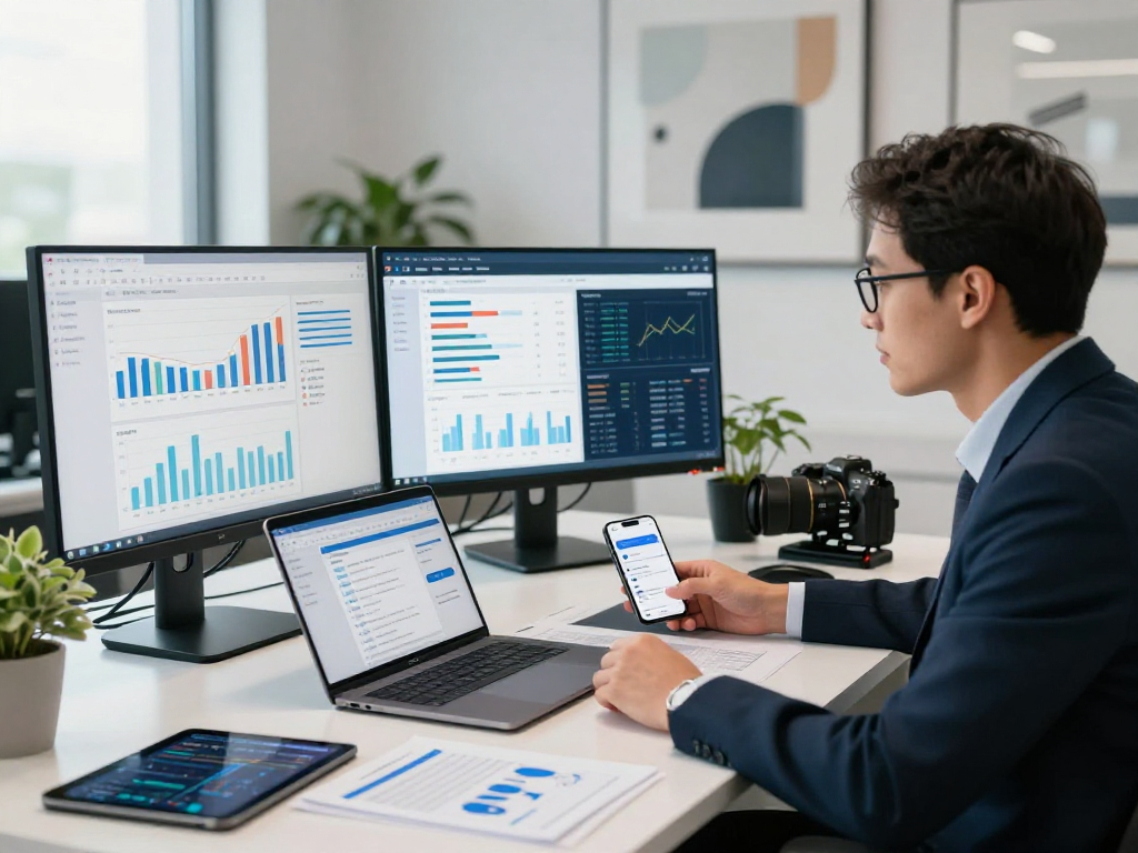 Professional evaluating banking data and applications in a modern financial technology workspace, showcasing debet solutions.