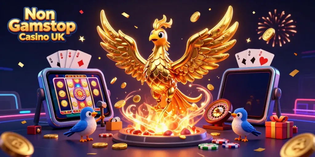 Experience the thrill of Non Gamstop Casino UK with a stunning golden phoenix and casino elements.