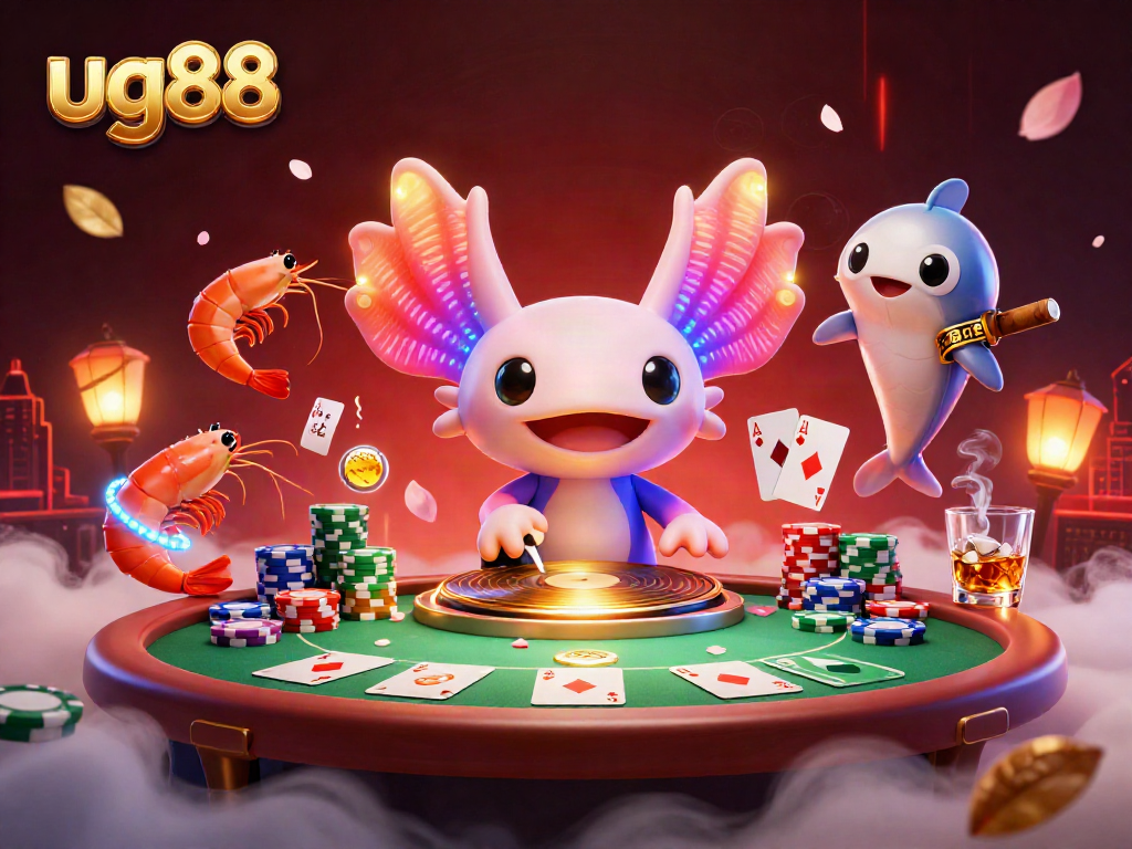 Engage with the vibrant casino atmosphere in this dynamic ug88 themed illustration, showcasing poker elements and lively sea creatures.