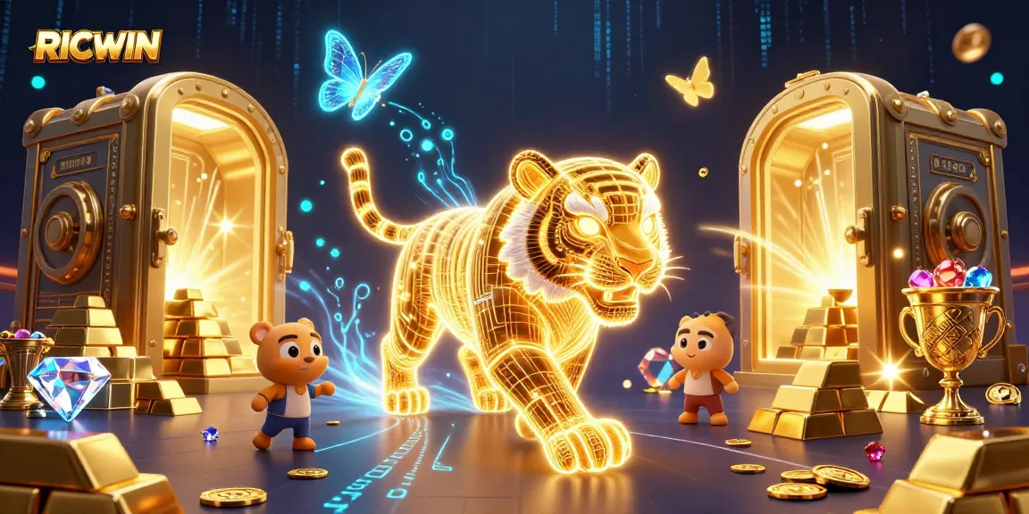 Join the excitement at RICWIN with a vibrant digital casino featuring a glowing golden tiger.