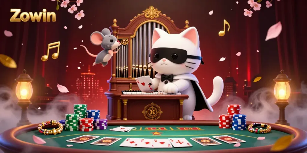 Zowin captures excitement with a lively casino scene featuring a whimsical cat, piano, and poker elements.