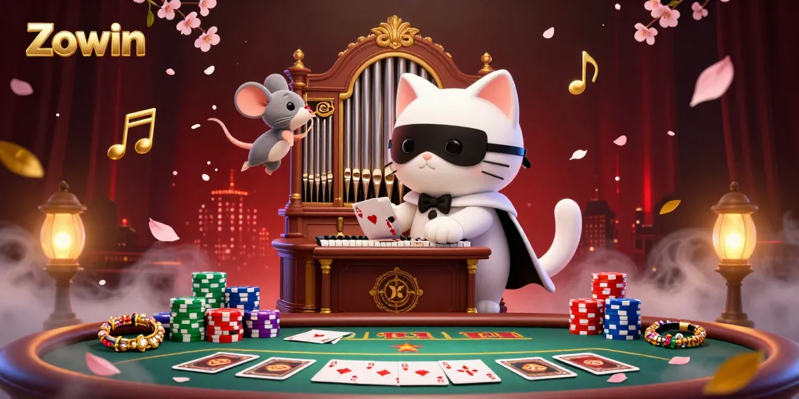 Zowin captures excitement with a lively casino scene featuring a whimsical cat, piano, and poker elements.