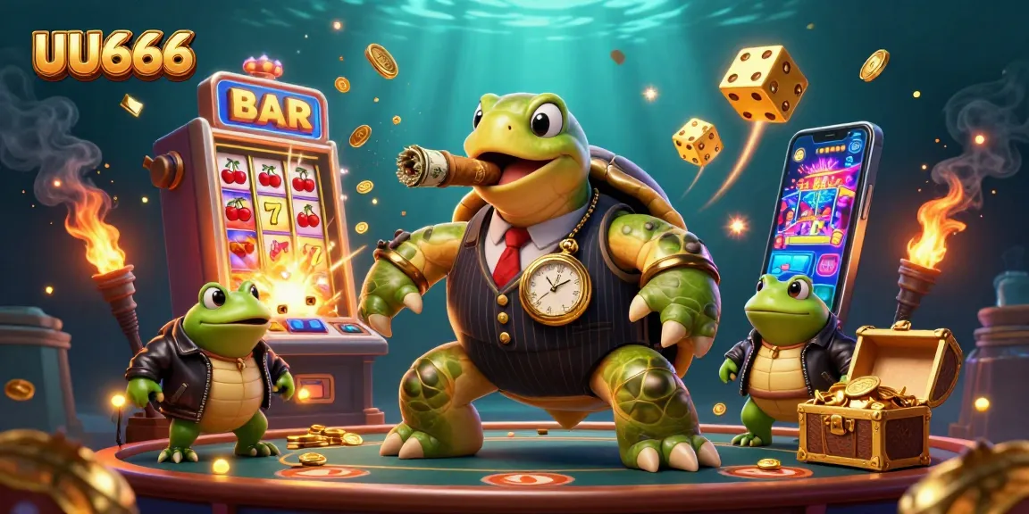Experience UU666 casino excitement with a cartoon turtle and frog characters amidst a jackpot scene.