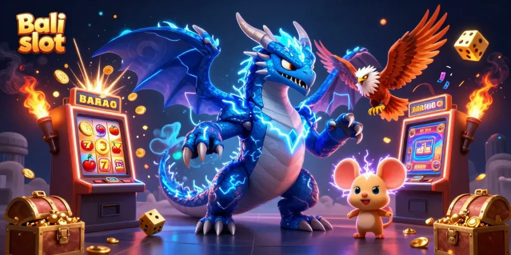 Experience the excitement of Bali slot with a vivid 3D illustration featuring dynamic casino elements.