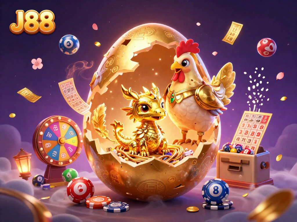 Experience the excitement of J88 with a golden dragon and casino-themed elements in this dynamic illustration.