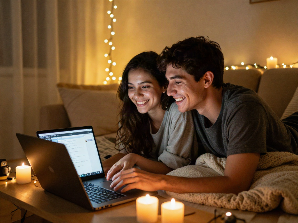 Engaging sexchat scene with a couple sharing a warm video call in cozy, intimate settings.