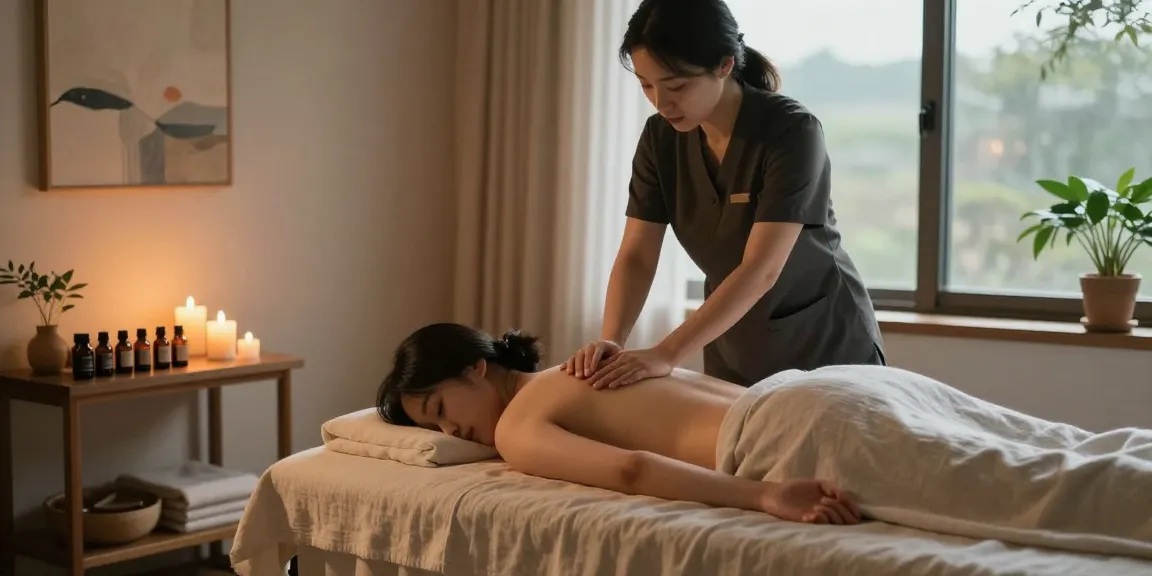 Offering 강남출장마사지 in a serene room with warm lighting and calming decor.