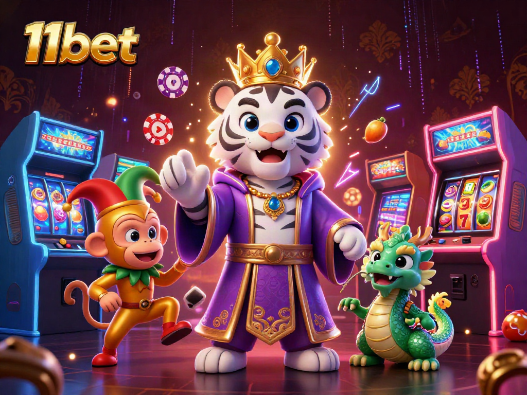 Engage with the thrilling games at 11bet featuring a regal tiger, jester monkey, and dynamic casino elements.